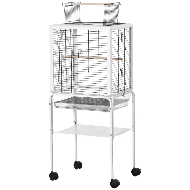 PawHut Large Metal Bird Cage Open Top Aviary for Finch Canaries, Budgies with Handle, Rolling Stand, Slide-out Tray, Storage Shelf, Wood Perch, Food Containers, White