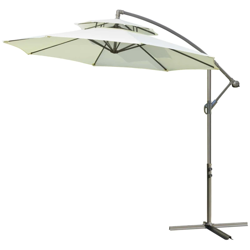 Outsunny 2.7m Garden Banana Parasol Cantilever Umbrella with Crank Handle, Double Tier Canopy and Cross Base for Outdoor, Hanging Sun Shade, Beige