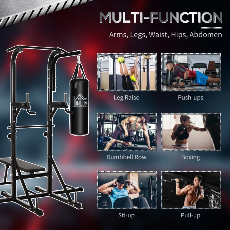 HOMCOM Home Gym Power Tower with Bench and Punching Bag, Multi-Function Adjustable Dip Sit Up Workout Station Equipment Heavy Duty for Home