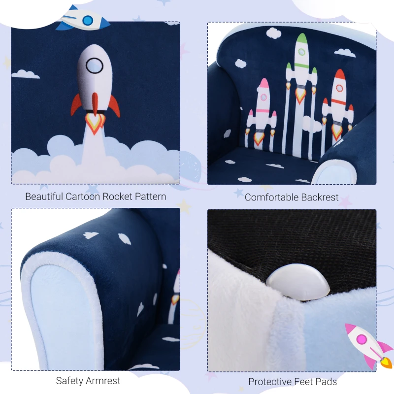 HOMCOM Children's Armchair Flannel Kids Sofa Tub Chair Cartoon Rocket Pattern Wooden Frame Bedroom Playroom Seater Blue