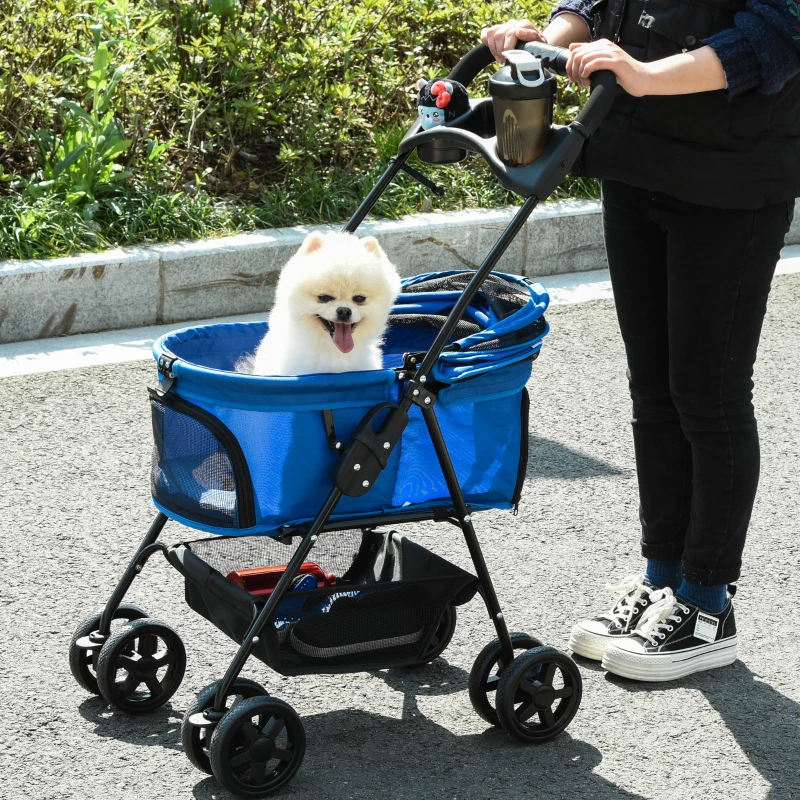 PawHut No-Zip Dog Stroller Pet Cat Travel Pushchair One-Click Fold Trolley Jogger with EVA Wheels Brake Basket Adjustable Canopy Safety Leash Blue
