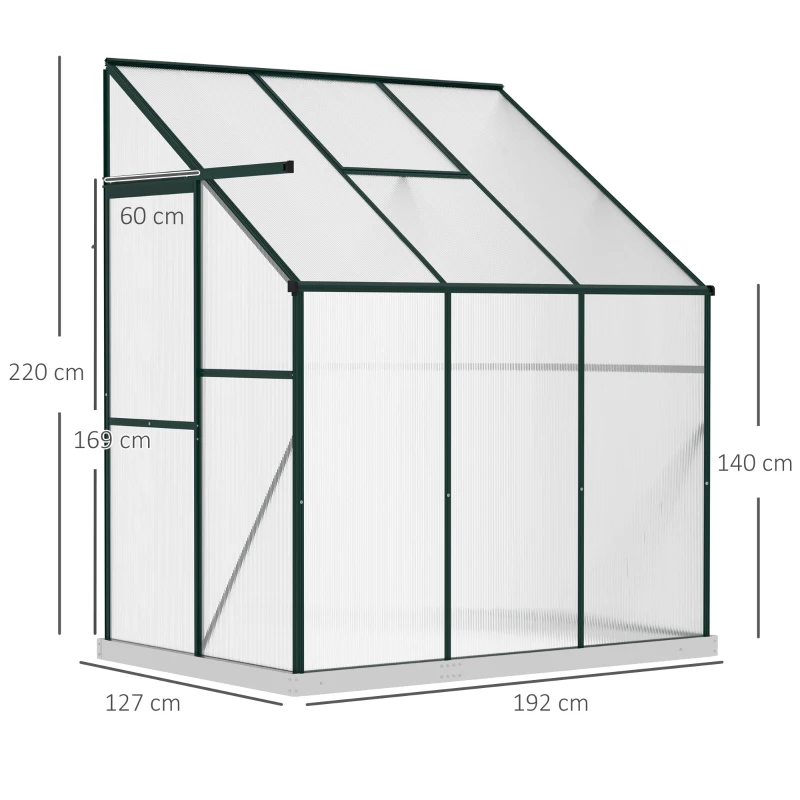 Outsunny Walk-In Lean to Greenhouse Garden Heavy Duty Aluminium Polycarbonate with Roof Vent for Plants Herbs Vegetables, Green, 6 x 4ft