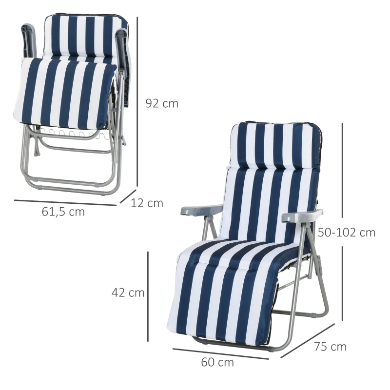 Outsunny 2 Espreguiçadeiras de Jardim Dobráveis Espreguiçadeiras de Aço com Almofada Acolchoada Encosto Ajustável em 5 Posições e Apoio para os Pés 60x75x50-102cm Azul e Branco