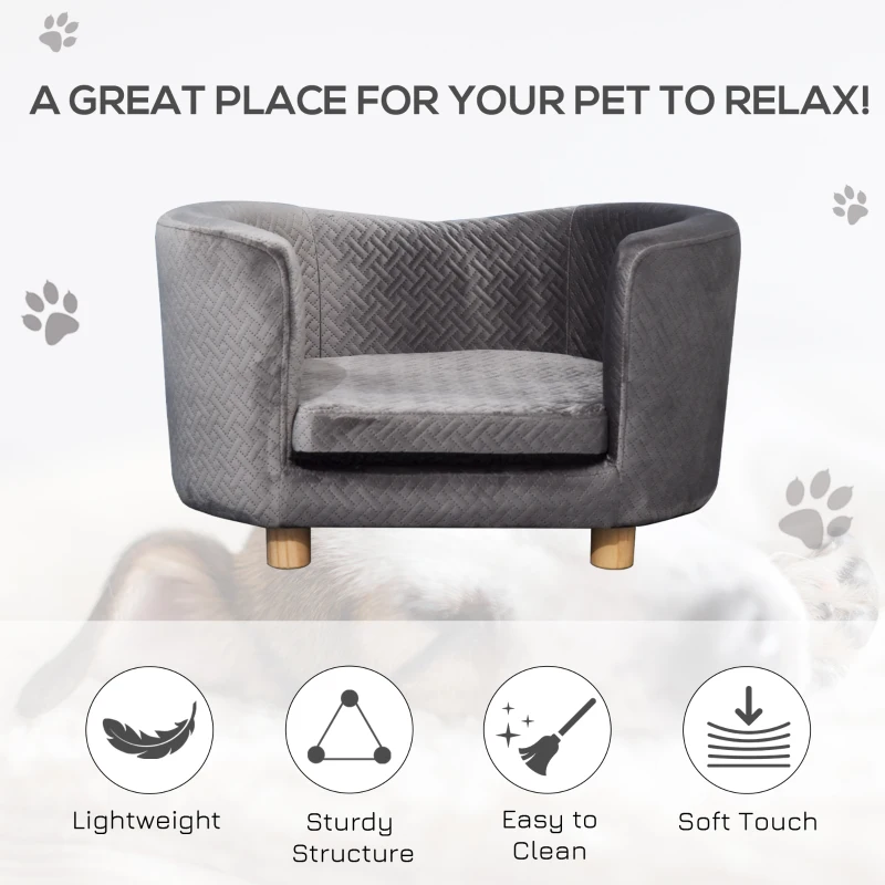 PawHut Dog Sofa for Miniature Sized Dogs, Luxury Tub Shaped Pet Couch with Soft Cushion, Kitten Bed Lounge with Wood Frame - Grey