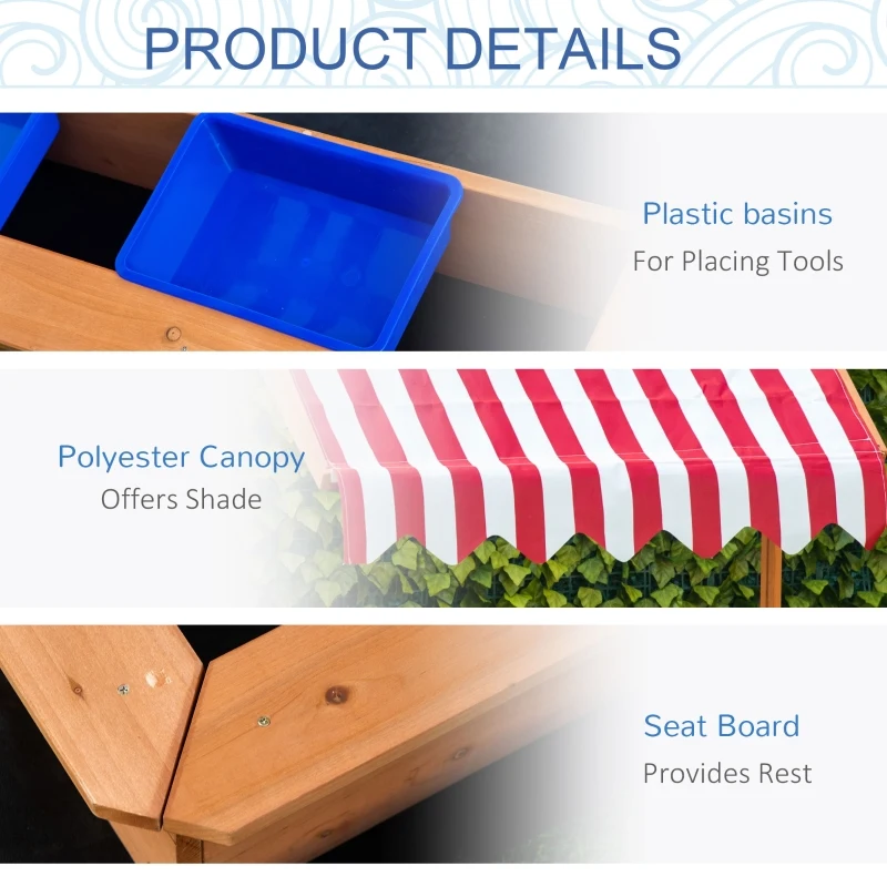 Outsunny Sand Pit Kids Wooden Sandbox with Cover Children Sandpit Play Station Height Adjustable with Canopy, Bottom Liner, Plastic Basins for Outdoor Aged 3-7 Years