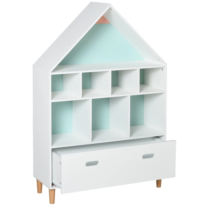 HOMCOM Kids House-Designed Bookshelf, with Drawer – Blue & White