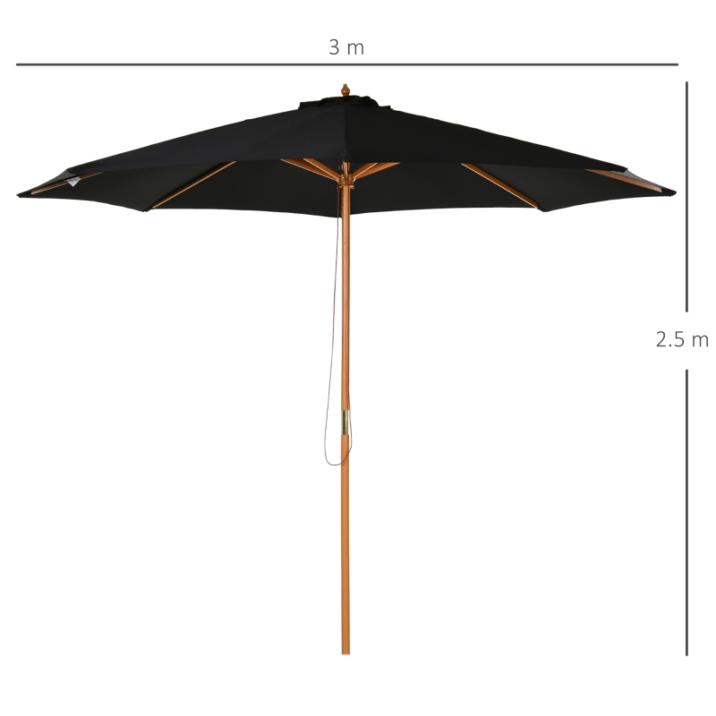 Outsunny 3(m) Fir Wooden Garden Parasol Bamboo Sun Shade Patio Outdoor Umbrella Canopy, Black