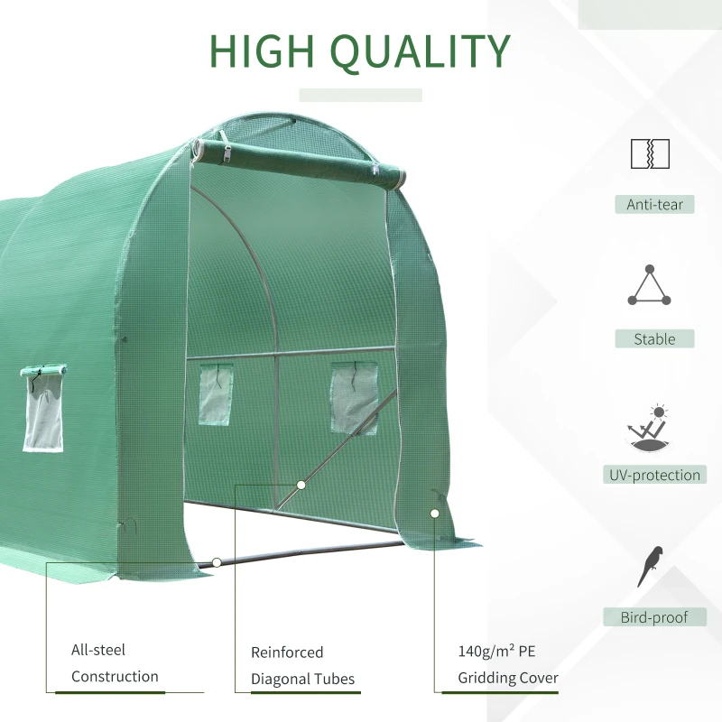 Outsunny 4 x 2 x 2 m Polytunnel Greenhouse with Roll-up Door and 6 Mesh Windows, Walk-in Garden Tunnel Warm House Tent with UV-resistant PE Cover and Galvanised Steel Frame, Green