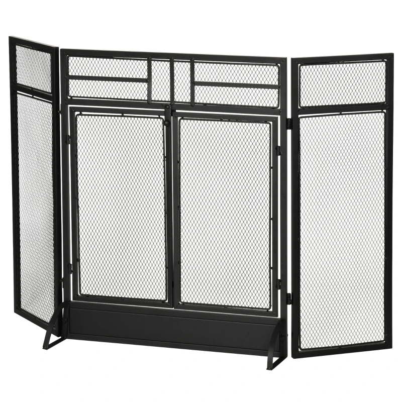 HOMCOM 3-Panel Folding Fireplace Screen with Door, Freestanding Spark Guard, Metal Mesh Fireguard, Black