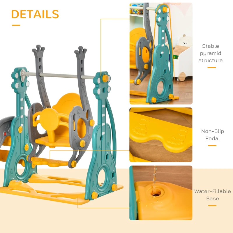 HOMCOM 3-IN-1 Kids Swing and Slide Set with Basketball Hoop Slide Swing Adjustable Seat Height Toddler Playground Activity Center Indoor and Outdoor Play Equipment