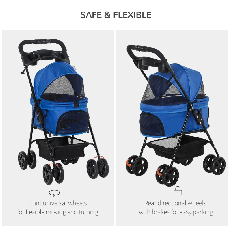 PawHut No-Zip Dog Stroller Pet Cat Travel Pushchair One-Click Fold Trolley Jogger with EVA Wheels Brake Basket Adjustable Canopy Safety Leash Blue