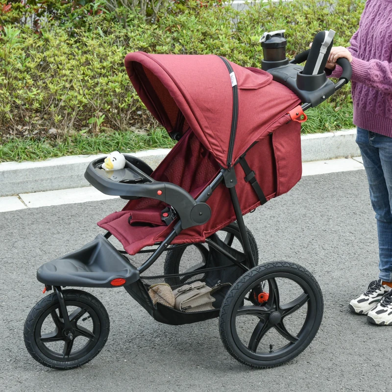 HOMCOM Baby Stroller Foldable Carriage for Toddler with Adjustable Backrest and Canopy Suspension System Rubber Tire 5-Point Harness Cup Holder Storage Basket Red