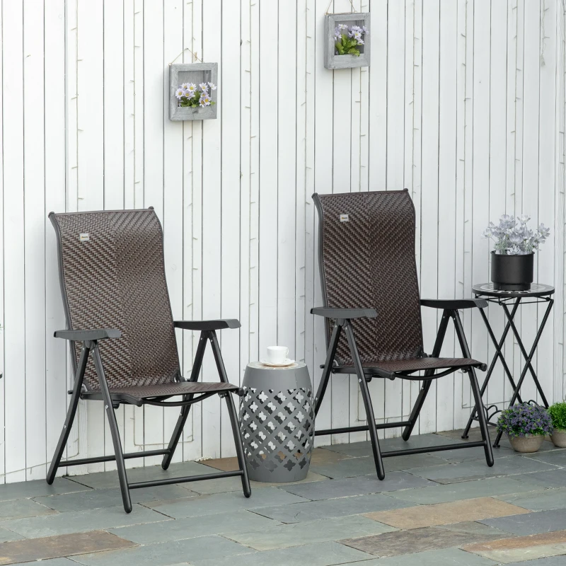 Outsunny Set of Two Folding Garden Chairs, with Seven-Position Adjustable Backs - Brown