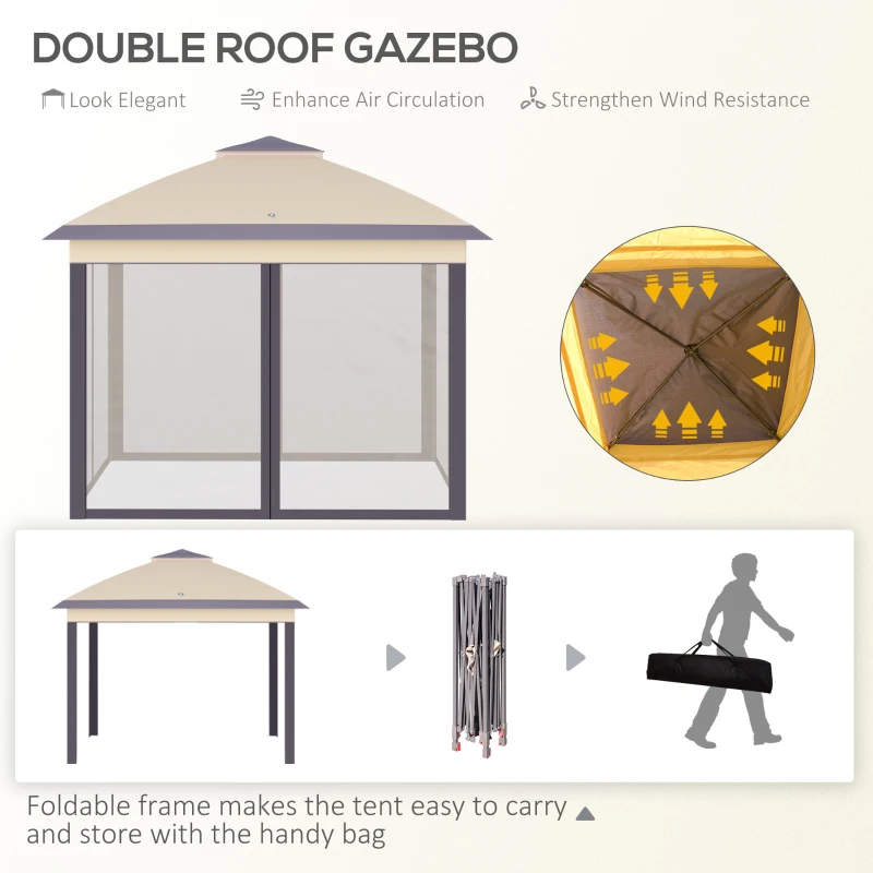 Outsunny 3.3 x 3.3m Pop Up Gazebo Four Sides Double Roof Foldable Canopy Tent Height Adjustable and Carrying Bag, Event Tent for Patio Garden Backyard Steel Beige