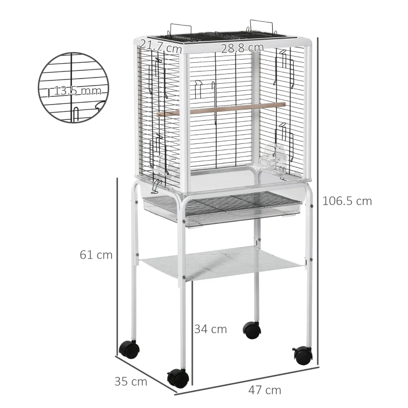 PawHut Large Metal Bird Cage Open Top Aviary for Finch Canaries, Budgies with Handle, Rolling Stand, Slide-out Tray, Storage Shelf, Wood Perch, Food Containers, White