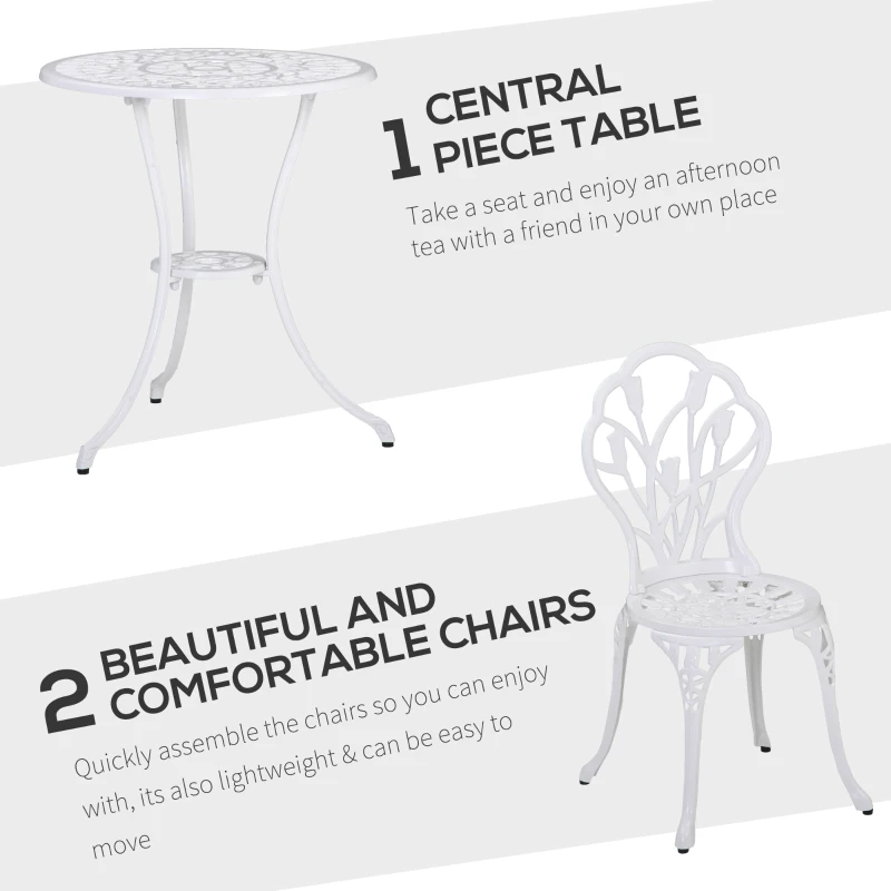 Outsunny 3 Piece Patio Bistro Set for 2, Outdoor Aluminium Garden Table and Chairs with Umbrella Hole for Balcony, White