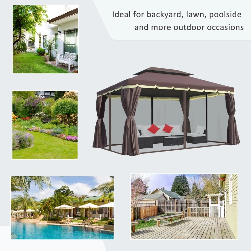 Outsunny 3 x 4m Aluminium Garden Gazebo, Marquee Canopy Shelter Pavilion Party Tent with Nets and Curtains for Garden, Lawn, Backyard and Deck, Coffee