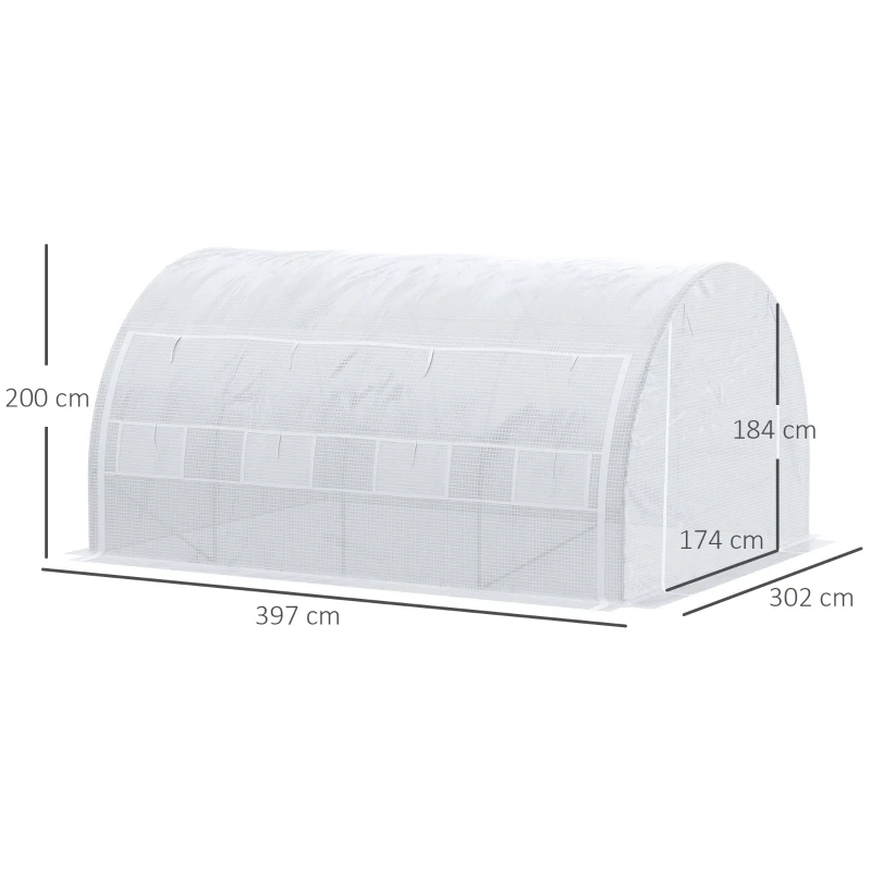 Outsunny 4 x 3 x 2 m Polytunnel Greenhouse, W/ Steel Frame Reinforced Cover Zippered Door&8 Windows White