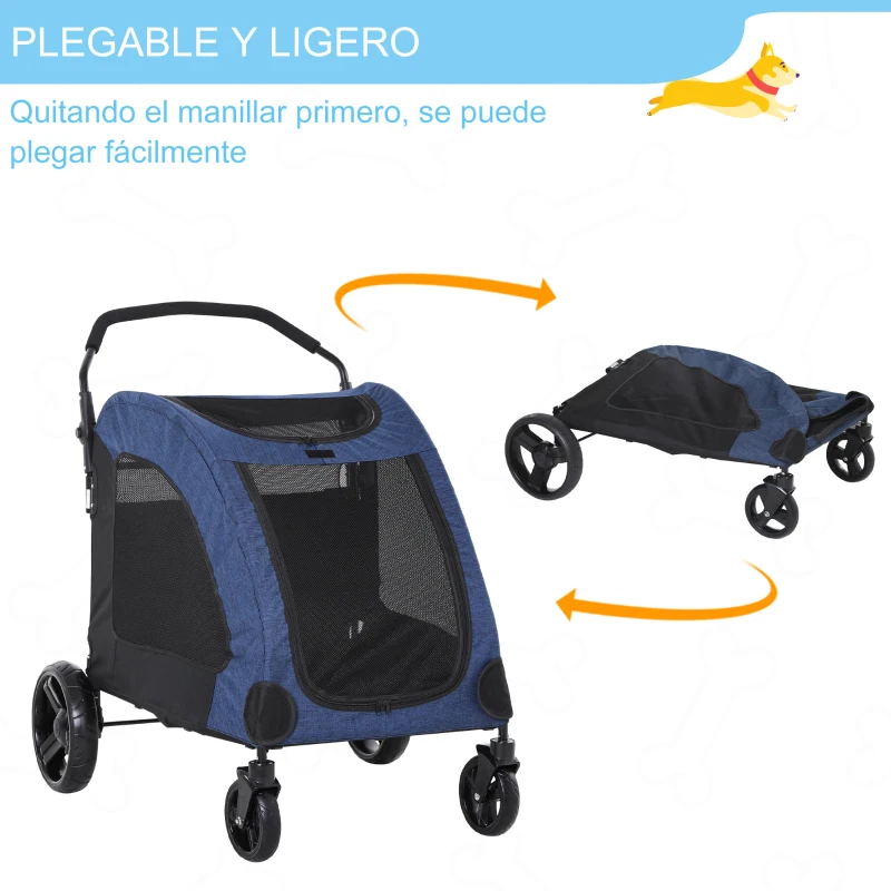 PawHut Cochecito para Mascotas Carrito para Perro Gatos 4 Ventanas Transpirables Buena Ventilación Puerta Grande Cojín Extraíble 98x82x110 cm Azul
