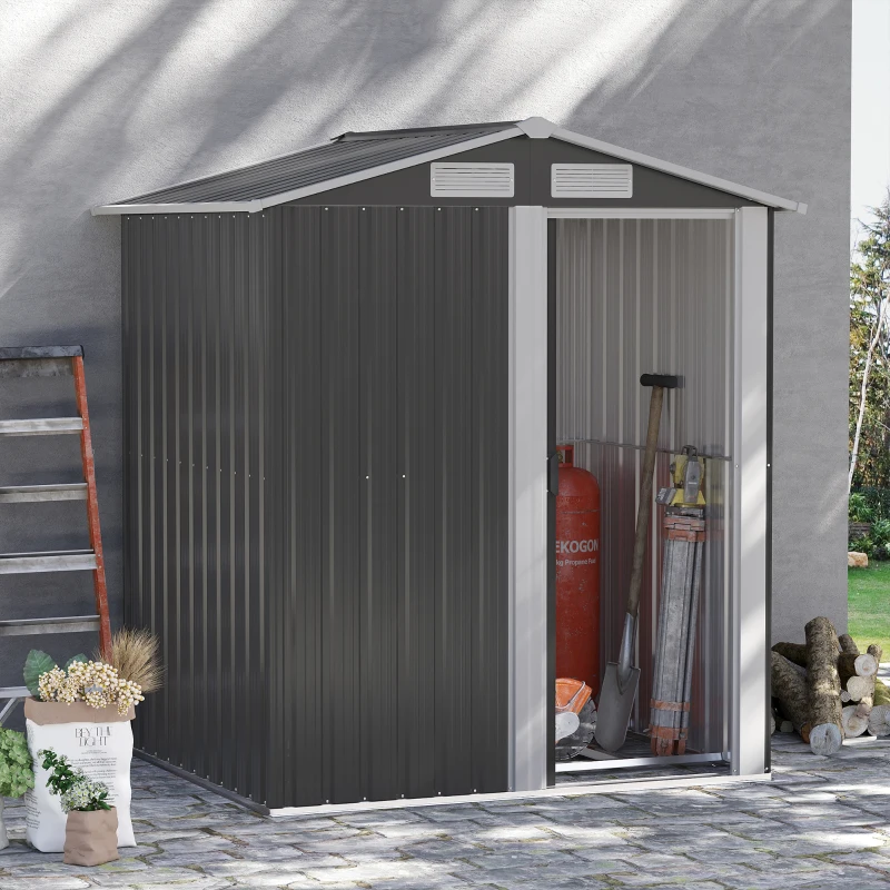 Outsunny 5ft× 4.3ft Outdoor Storage Shed, Tool Storage Shed with Sliding Door, Sloped Roof and Floor Foundation for Garden, Backyard, Patio, Lawn, Grey