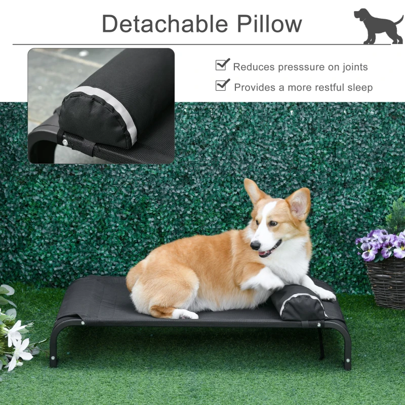 PawHut Elevated Pet Bed Dog for Medium-Sized Dog Steel Frame Breathable Mesh Fabric Detachable Pillow Black 35.75" x 23.75" x 9"