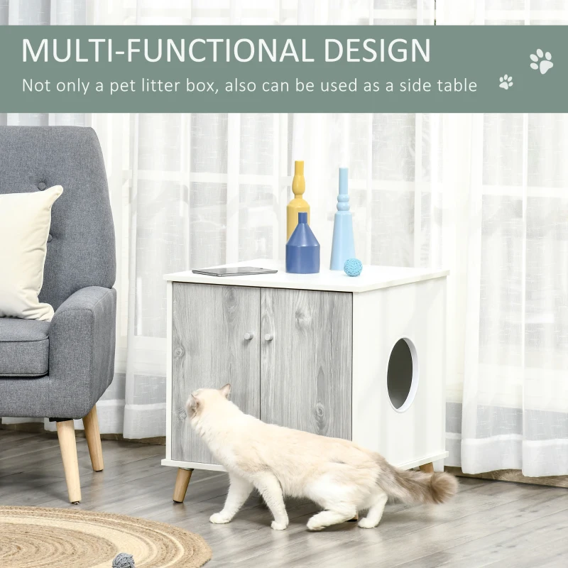 PawHut Cat Litter Box Enclosure End Table Indoor Decorative Cat House Cabinet with 2 Magnetic Door, Wide Tabletop White
