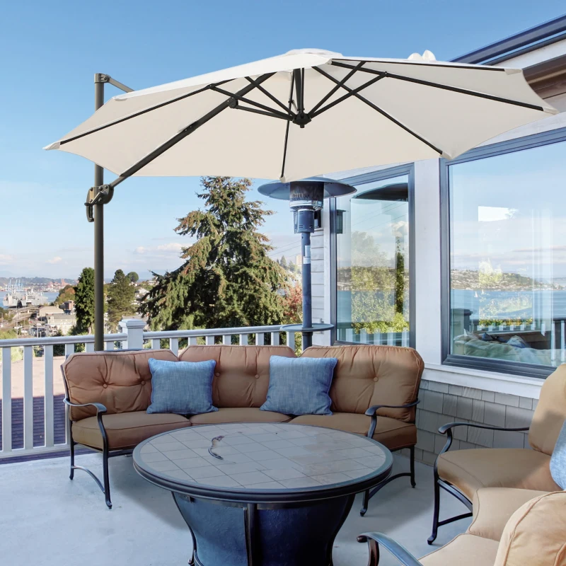Outsunny 3 meter Patio Offset Roma Parasol Umbrella Cantilever Hanging Sun Shade Canopy Shelter 360° Rotation with Cross Base, Cream White