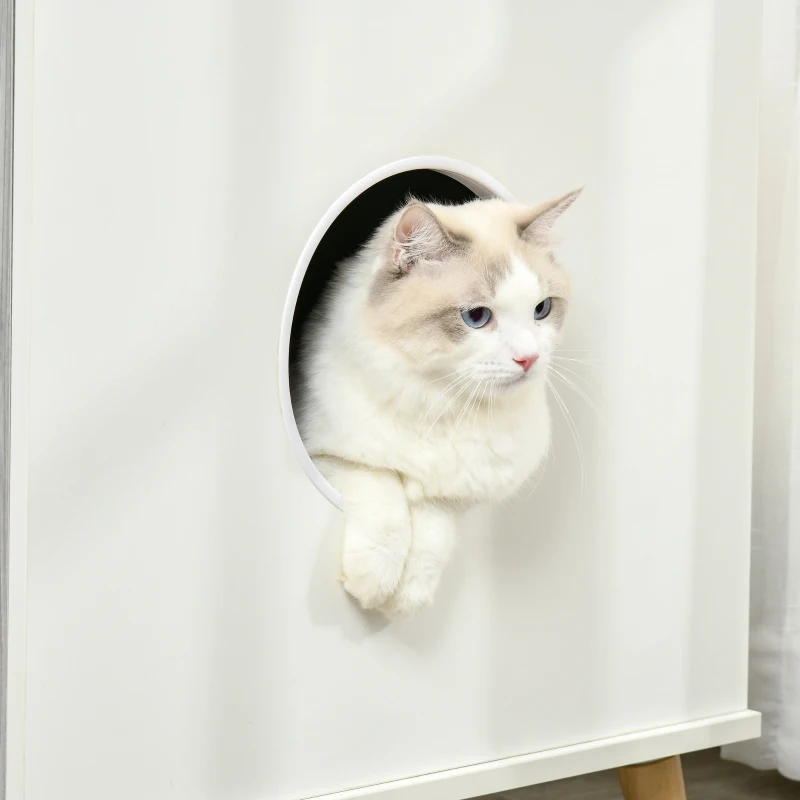 PawHut Cat Litter Box Enclosure End Table Indoor Decorative Cat House Cabinet with 2 Magnetic Door, Wide Tabletop White