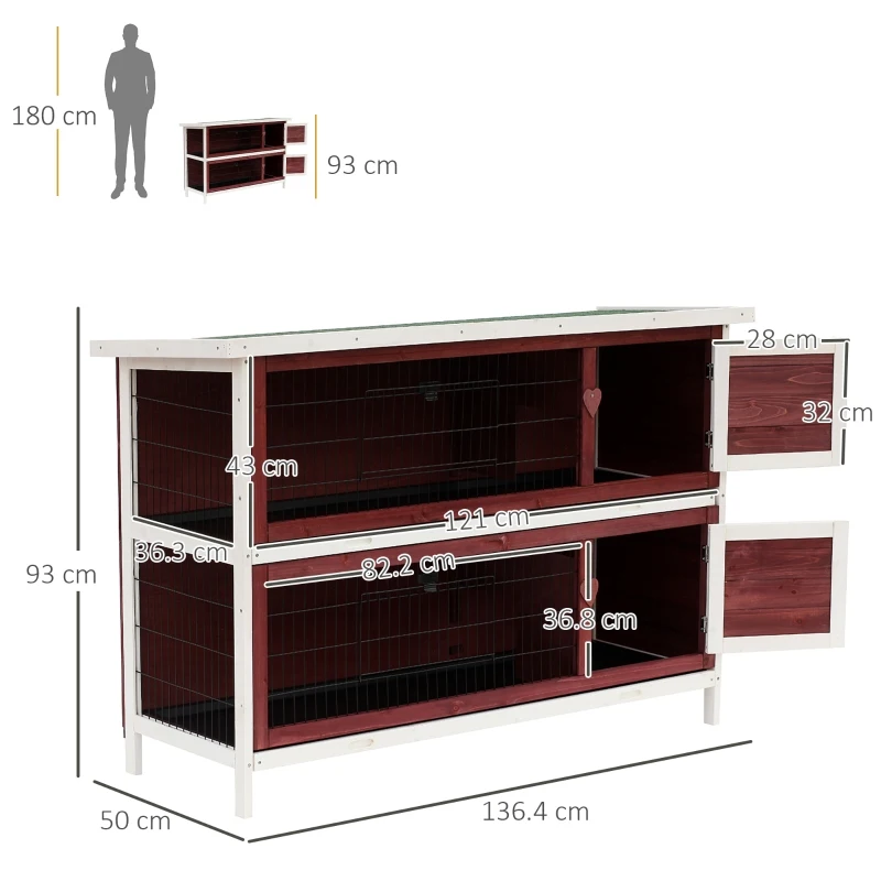 PawHut Rabbit Hutch Outdoor 2-Tier Guinea Pig Cage Bunny House Cage with No-Leak Trays for Indoor and Outdoor, 136 x 50 x 93cm