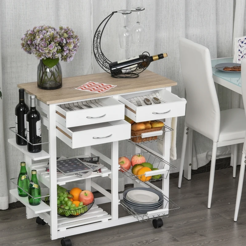 HOMCOM Rolling Kitchen Island on Wheels Trolley Utility Cart with Spice Racks, Towel Rack, Baskets & Drawers for Dining Room