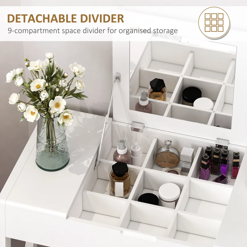 HOMCOM Dressing Table Set with Flip Top Mirror and Cushioned Stool, Makeup Vanity Table Writing Desk with Storage Grids for Bedroom, White