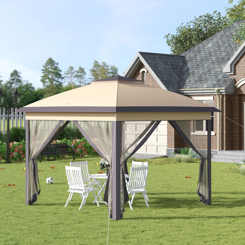 Outsunny 3.3 x 3.3m Pop Up Gazebo Four Sides Double Roof Foldable Canopy Tent Height Adjustable and Carrying Bag, Event Tent for Patio Garden Backyard Steel Beige