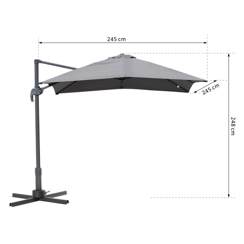 Outsunny 2.5 x 2.5m Patio Offset Parasol Umbrella Cantilever Hanging Sun Shade Canopy Shelter 360° Rotation with Cross Base - Grey