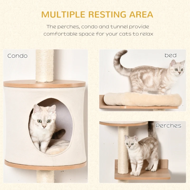 PawHut Cat Tree Wall-Mounted Shelf Shelter Kitten Perch Climber Furniture w/ Condo Bed Scratching Post – Light Brown