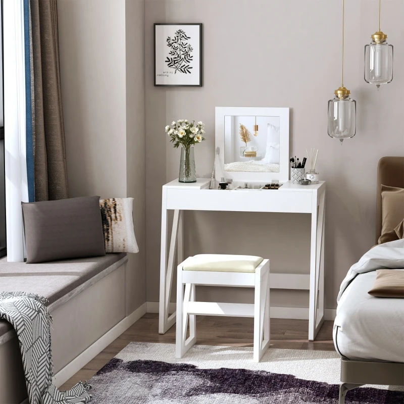 HOMCOM Dressing Table Set with Flip Top Mirror and Cushioned Stool, Makeup Vanity Table Writing Desk with Storage Grids for Bedroom, White