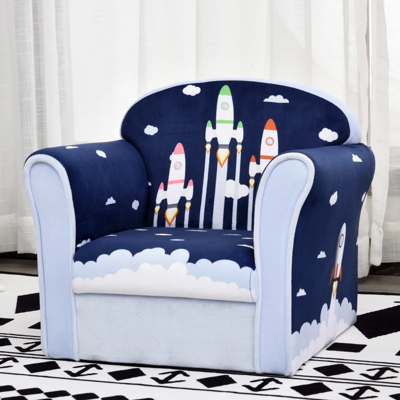 HOMCOM Children's Armchair Flannel Kids Sofa Tub Chair Cartoon Rocket Pattern Wooden Frame Bedroom Playroom Seater Blue
