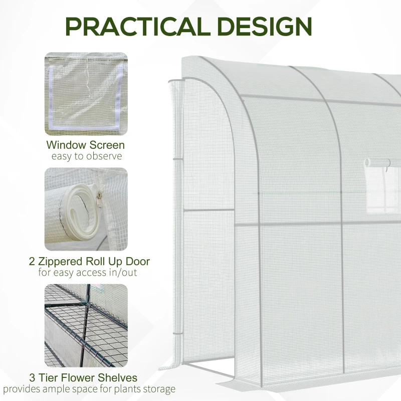 Outsunny Walk-In Lean to Wall Greenhouse with Windows and Doors 2 Tiers 4 Wired Shelves 200L x 100W x 213Hcm White