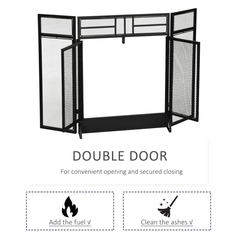 HOMCOM 3-Panel Folding Fireplace Screen with Door, Freestanding Spark Guard, Metal Mesh Fireguard, Black