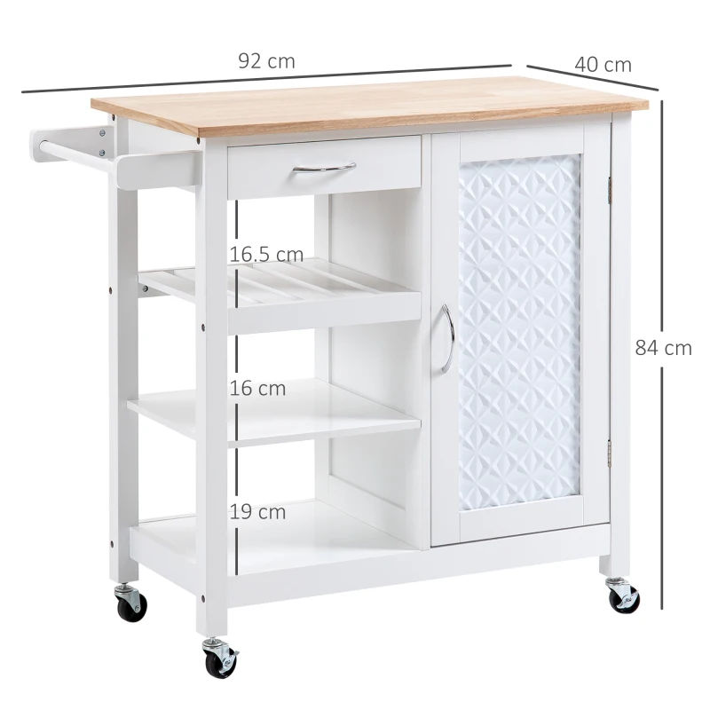 HOMCOM Kitchen Cart on Wheels with Embossed Door Panel, Utility Kitchen Island with Storage Drawer, White