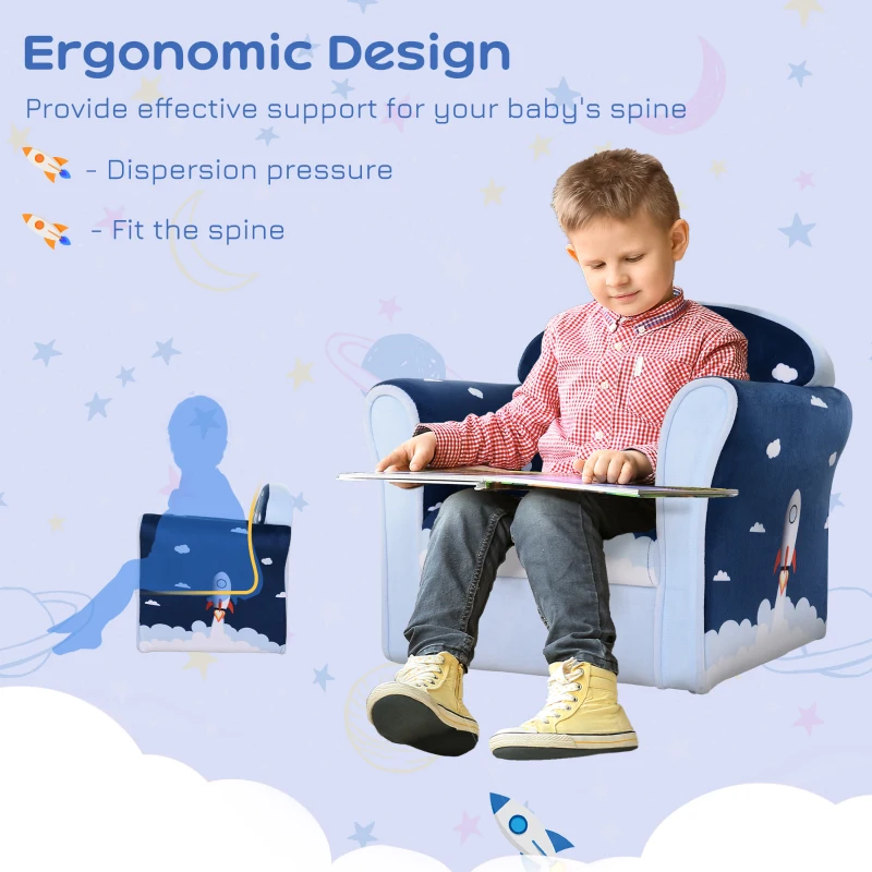HOMCOM Children's Armchair Flannel Kids Sofa Tub Chair Cartoon Rocket Pattern Wooden Frame Bedroom Playroom Seater Blue
