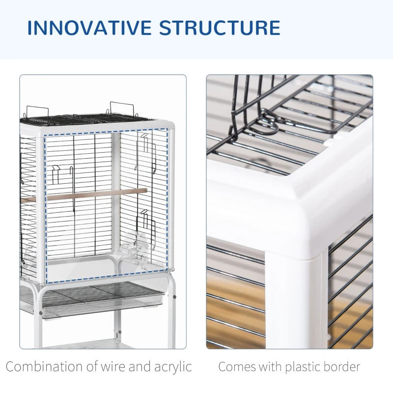 PawHut Large Metal Bird Cage Open Top Aviary for Finch Canaries, Budgies with Handle, Rolling Stand, Slide-out Tray, Storage Shelf, Wood Perch, Food Containers, White