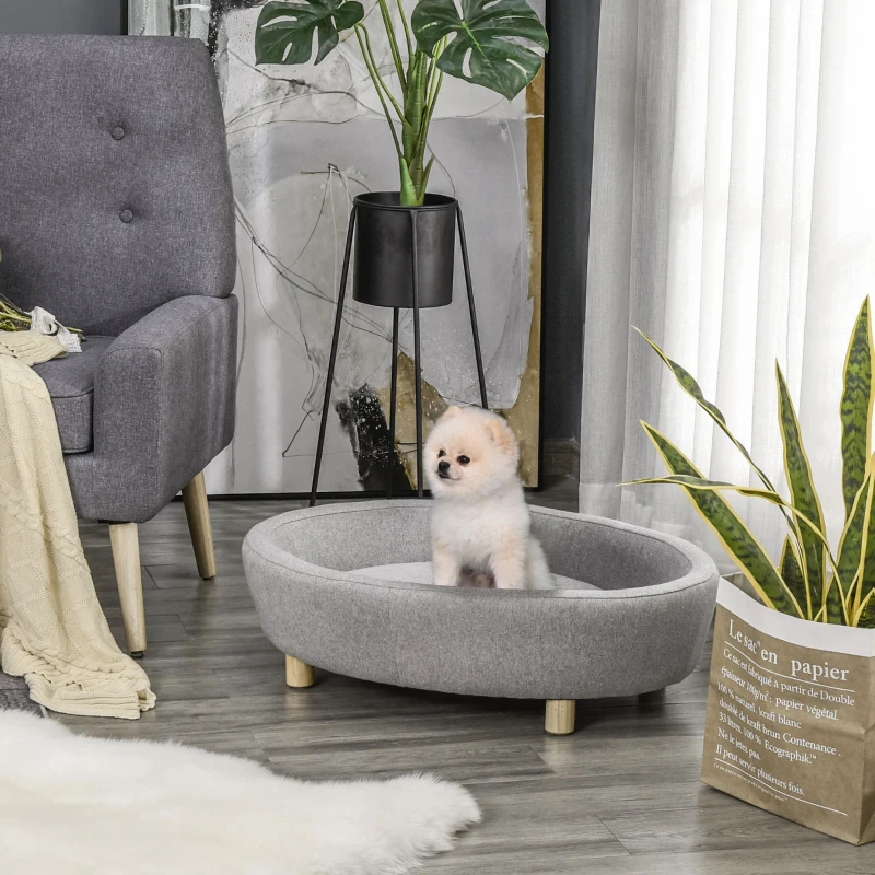 PawHut Pet Sofa Couch for Medium-Sized Dog Cushioned Bed Wooden legs, Light  Grey 81cm x 61cm x 24cm Grey