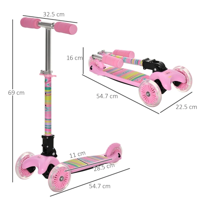 HOMCOM Toddler Scooter, 3 Wheel Scooter, Foldable Adjustable Height LED Flashing Wheels for Boys&Girls 3-8 Years Pink
