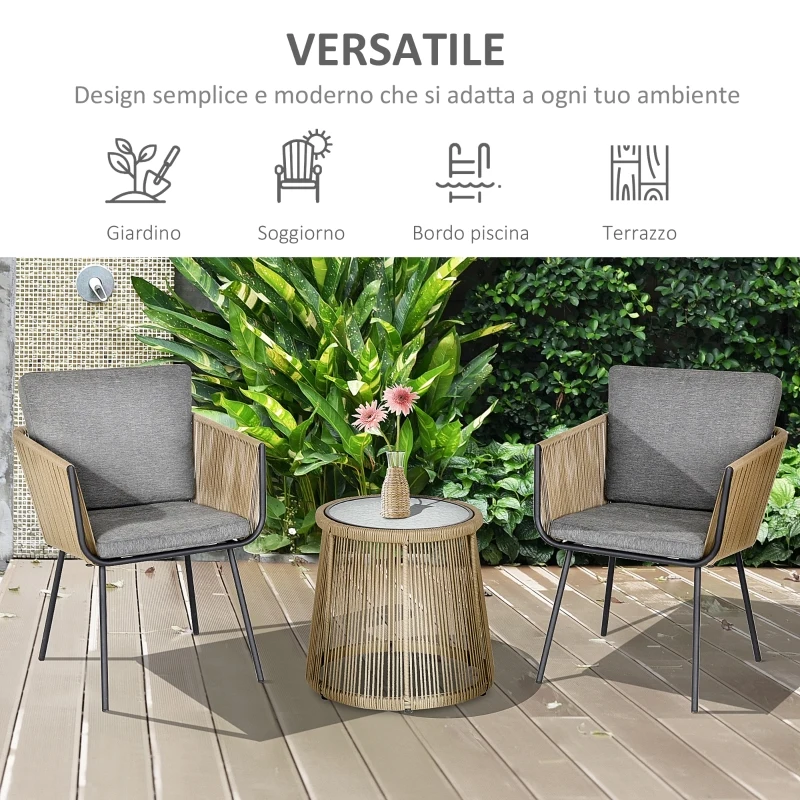 Outsunny 3 PCS Webbed Wicker Rattan Patio Furniture Conversation Bistro Set  2 Chairs 1 Coffee Table w/ Metal Legs for Garden, Backyard, Deck