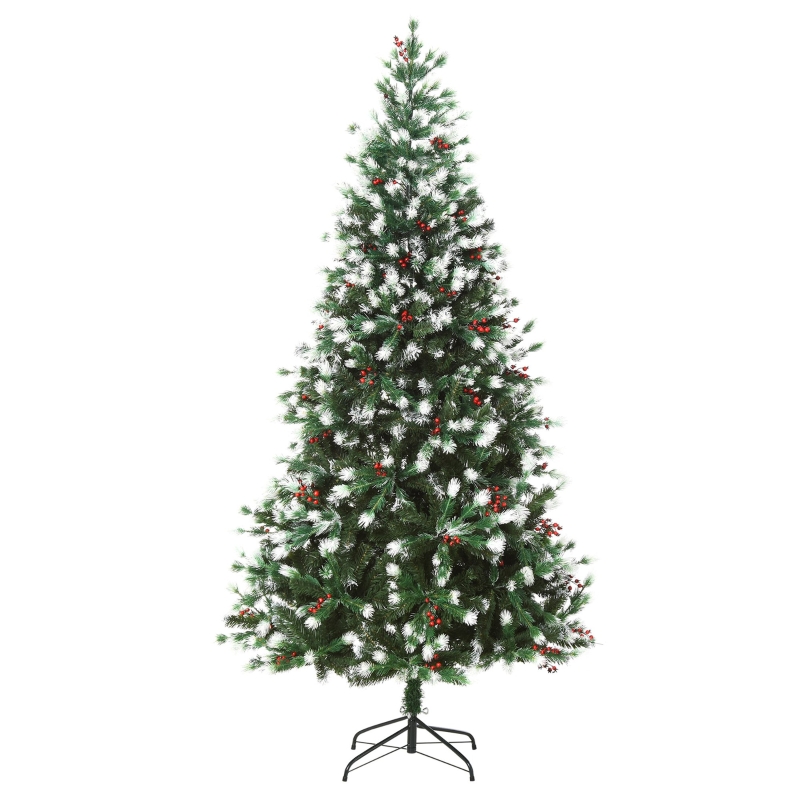 HOMCOM 6ft Snow-Dipped Artificial Christmas Tree w/ Red Berries Metal Base Home Season Decoration Holiday Elegant Traditional