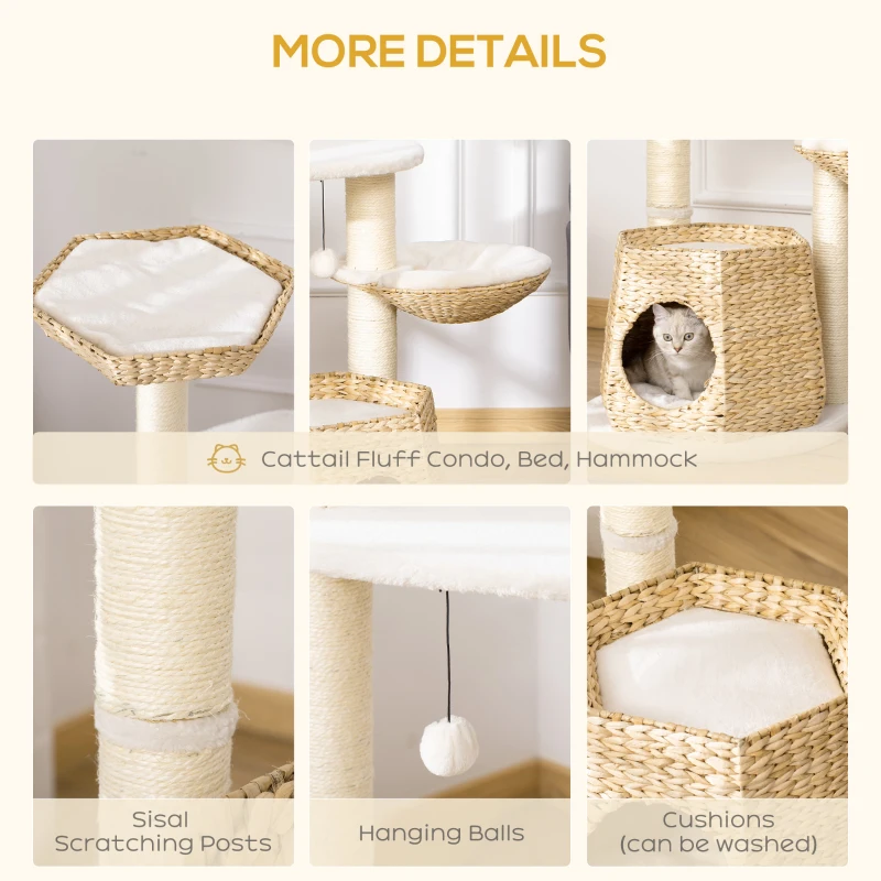 PawHut Cat Tree Tower Climbing Activity Center Kitten Furniture with Cattail Fluff Bed Condo Sisal Scratching Post Hanging Ball 50 x 50 x 119cm Natural