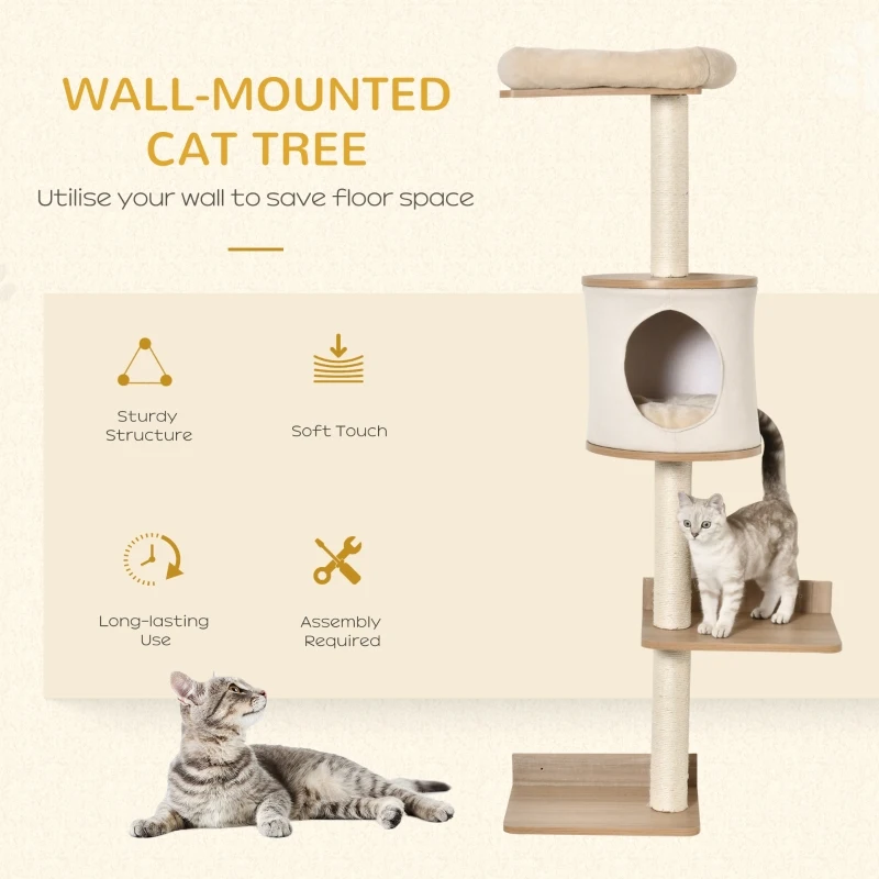PawHut Cat Tree Wall-Mounted Shelf Shelter Kitten Perch Climber Furniture w/ Condo Bed Scratching Post – Light Brown
