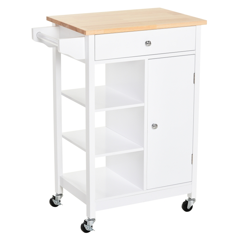 HOMCOM Kitchen Storage Trolley Cart Unit w/ Wood Top 3 Shelves Cupboard Drawer Rail 4 Wheels Handles Moving Shelf Handy Spacesaver Home Office White