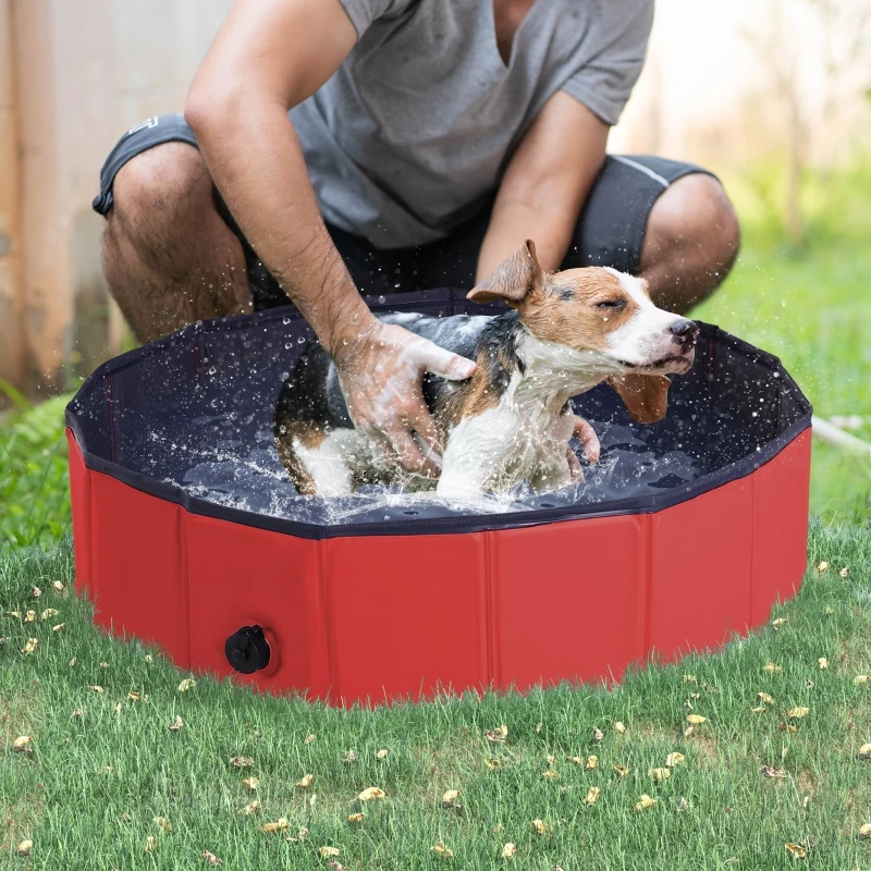 PawHut Foldable Dog Paddling Pool Pet Cat Swimming Pool Indoor/Outdoor Collapsible Summer Bathing Tub Shower Tub Puppy Washer (Φ80 × 20H cm, Red)