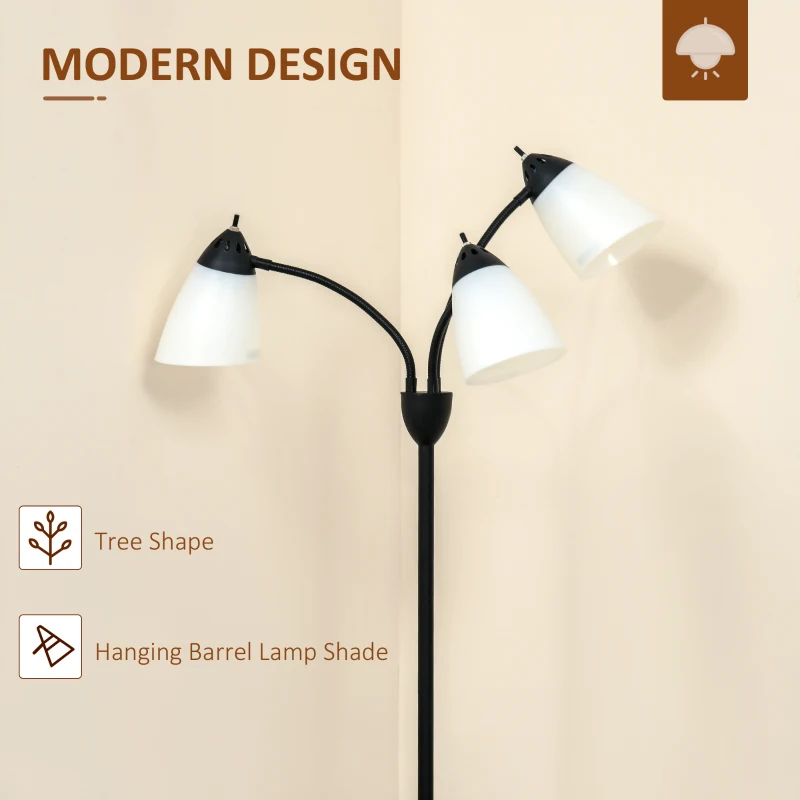 HOMCOM Arc Tree Floor Lamp with 3 Adjustable Rotating Lights, for Bedroom Living Room, Industrial Standing Lamp with Steel Frame, 155cm, Black
